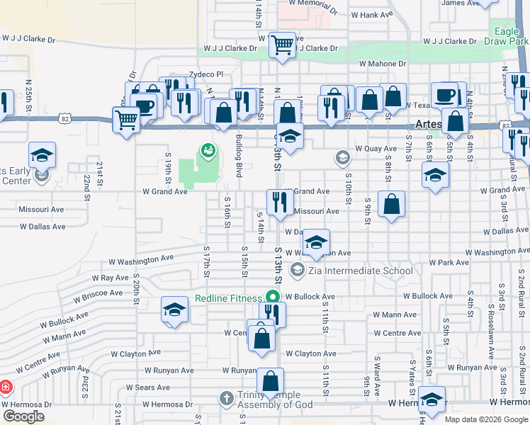 map of restaurants, bars, coffee shops, grocery stores, and more near 503 South 14th Street in Artesia