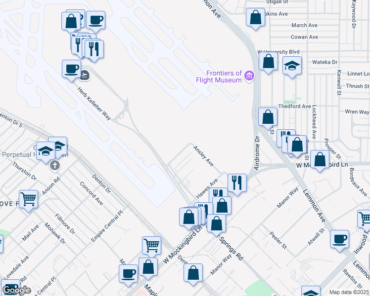 map of restaurants, bars, coffee shops, grocery stores, and more near 7001 Aviation Place in Dallas