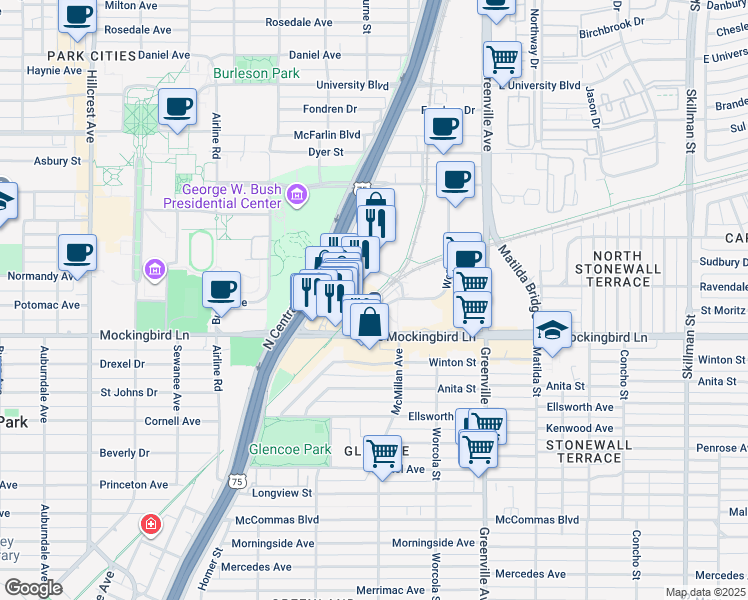 map of restaurants, bars, coffee shops, grocery stores, and more near 5465 East Mockingbird Lane in Dallas
