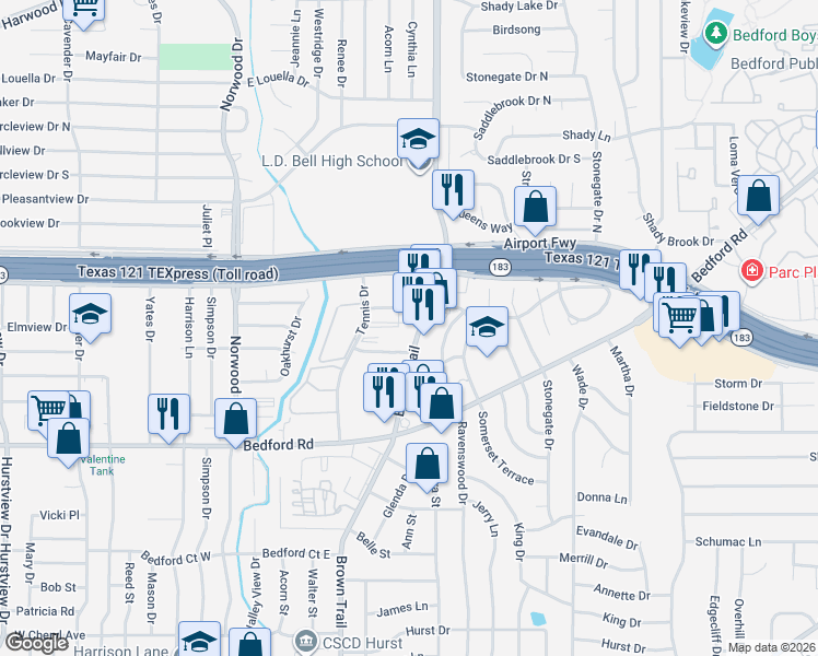 map of restaurants, bars, coffee shops, grocery stores, and more near 1421 Brown Trail in Bedford