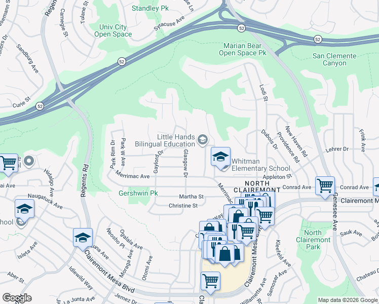 map of restaurants, bars, coffee shops, grocery stores, and more near 5077 Glasgow Drive in San Diego