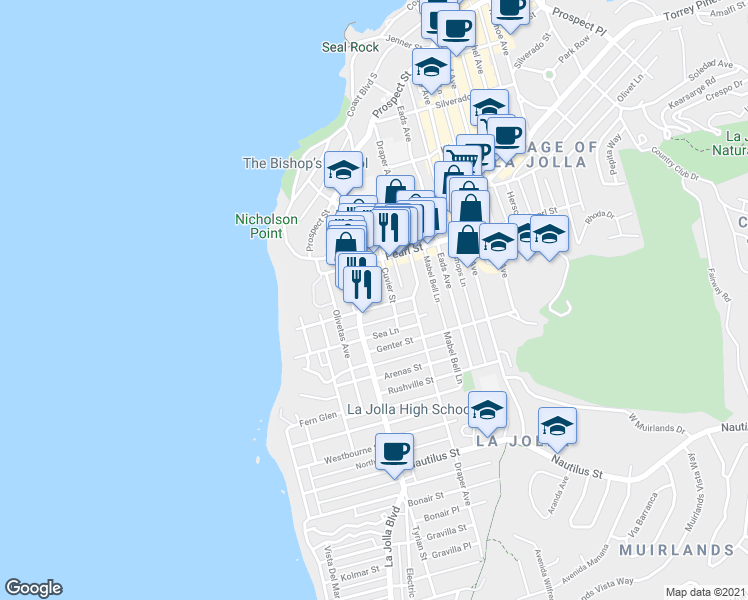 map of restaurants, bars, coffee shops, grocery stores, and more near 520 Marine Street in San Diego