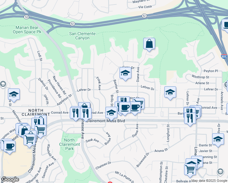 map of restaurants, bars, coffee shops, grocery stores, and more near 5090 Brillo Street in San Diego