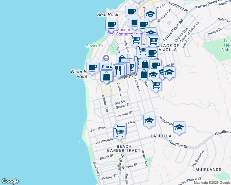 map of restaurants, bars, coffee shops, grocery stores, and more near 520 Marine Street in San Diego