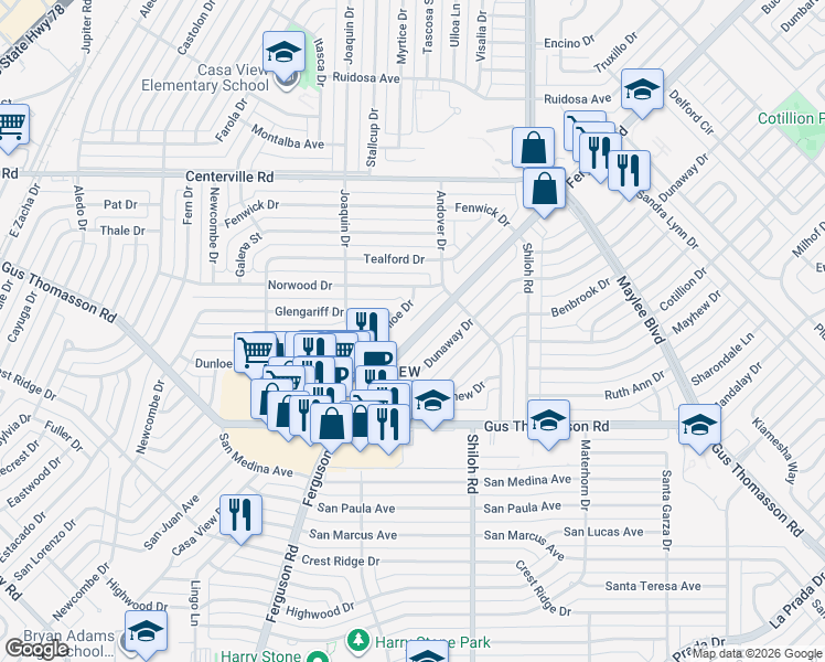 map of restaurants, bars, coffee shops, grocery stores, and more near 10445 Ferguson Road in Dallas
