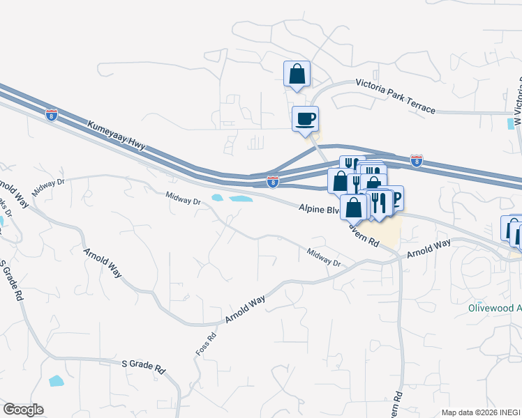 map of restaurants, bars, coffee shops, grocery stores, and more near 1460 Midway Drive in Alpine