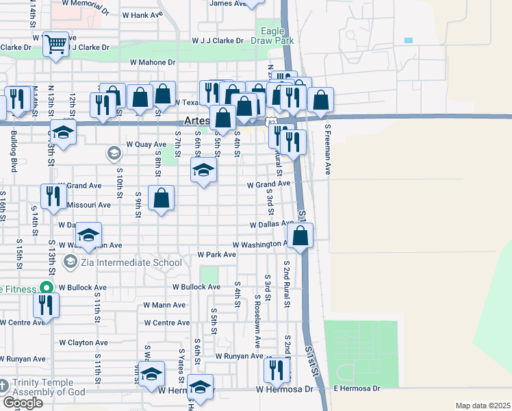map of restaurants, bars, coffee shops, grocery stores, and more near 498 South Roselawn Avenue in Artesia
