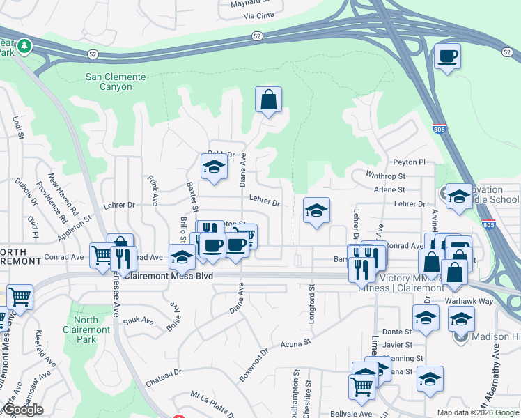 map of restaurants, bars, coffee shops, grocery stores, and more near 4850 Aberdeen Street in San Diego