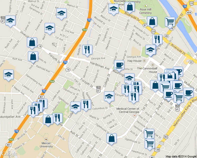 map of restaurants, bars, coffee shops, grocery stores, and more near 626 Arlington Place in Macon