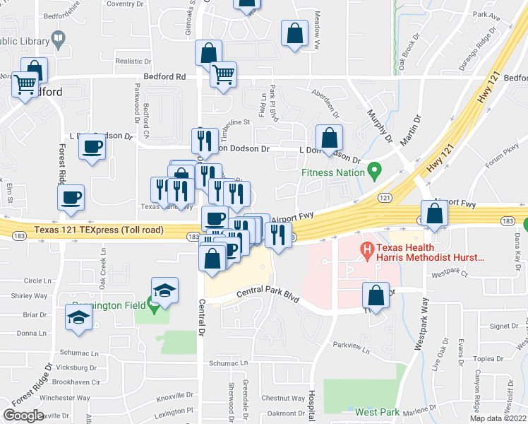 map of restaurants, bars, coffee shops, grocery stores, and more near 2201 Airport Freeway in Bedford