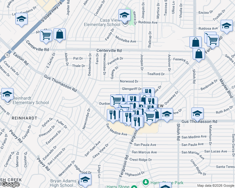 map of restaurants, bars, coffee shops, grocery stores, and more near 2233 Ballycastle Drive in Dallas