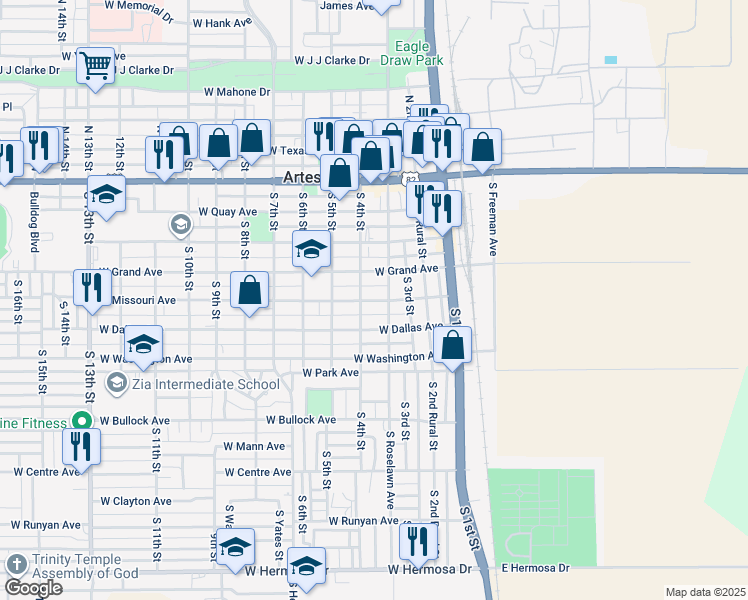 map of restaurants, bars, coffee shops, grocery stores, and more near 450-498 S Roselawn Ave in Artesia