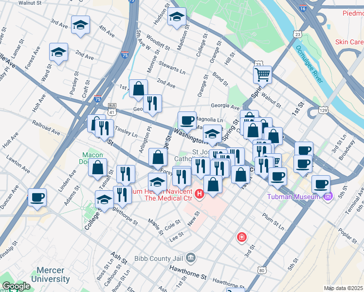 map of restaurants, bars, coffee shops, grocery stores, and more near 551 Orange Street in Macon