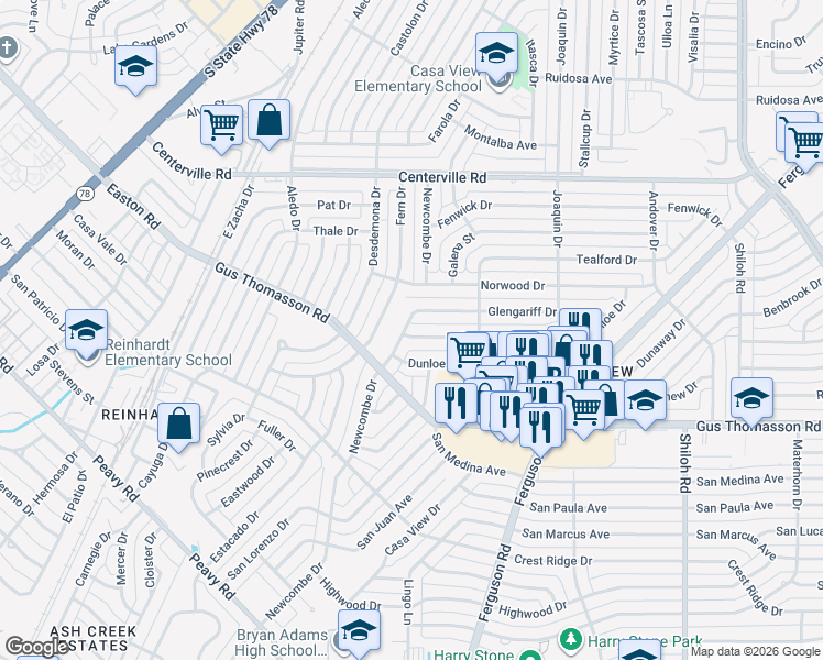 map of restaurants, bars, coffee shops, grocery stores, and more near 10441 Newcombe Drive in Dallas