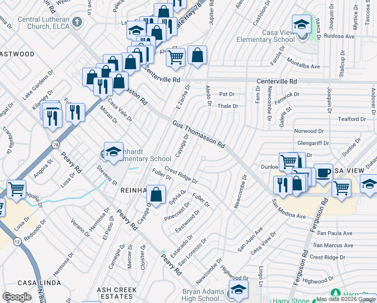 map of restaurants, bars, coffee shops, grocery stores, and more near 10512 Cayuga Drive in Dallas