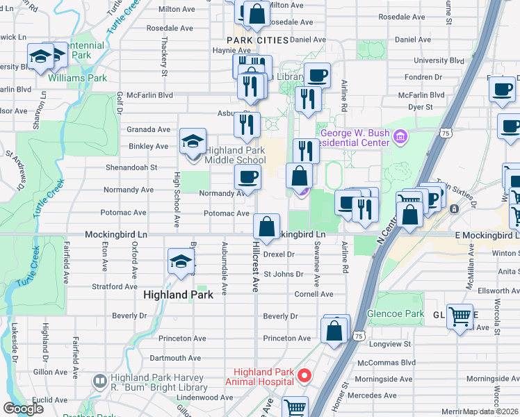 map of restaurants, bars, coffee shops, grocery stores, and more near 5801 Hillcrest Avenue in Dallas