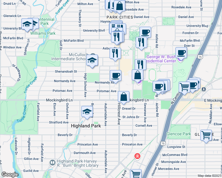 map of restaurants, bars, coffee shops, grocery stores, and more near 3438 Potomac Avenue in Dallas