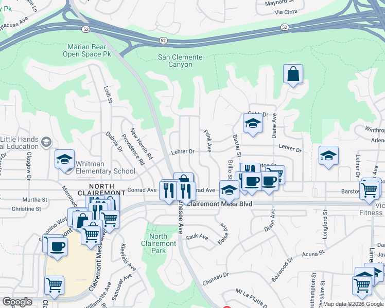 map of restaurants, bars, coffee shops, grocery stores, and more near 5094 Constitution Road in San Diego