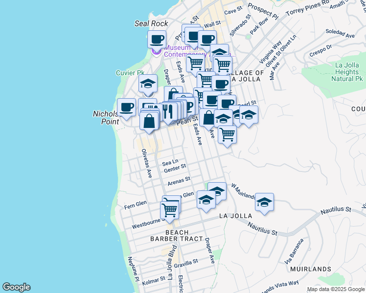 map of restaurants, bars, coffee shops, grocery stores, and more near 7361 Draper Avenue in San Diego