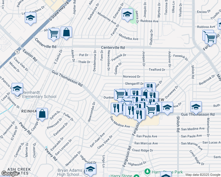 map of restaurants, bars, coffee shops, grocery stores, and more near 2125 Ballycastle Drive in Dallas