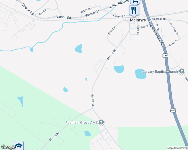 map of restaurants, bars, coffee shops, grocery stores, and more near 162 Macon Road in McIntyre