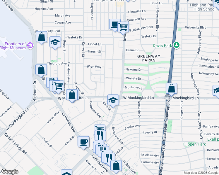 map of restaurants, bars, coffee shops, grocery stores, and more near 6531 Robin Rd in Dallas