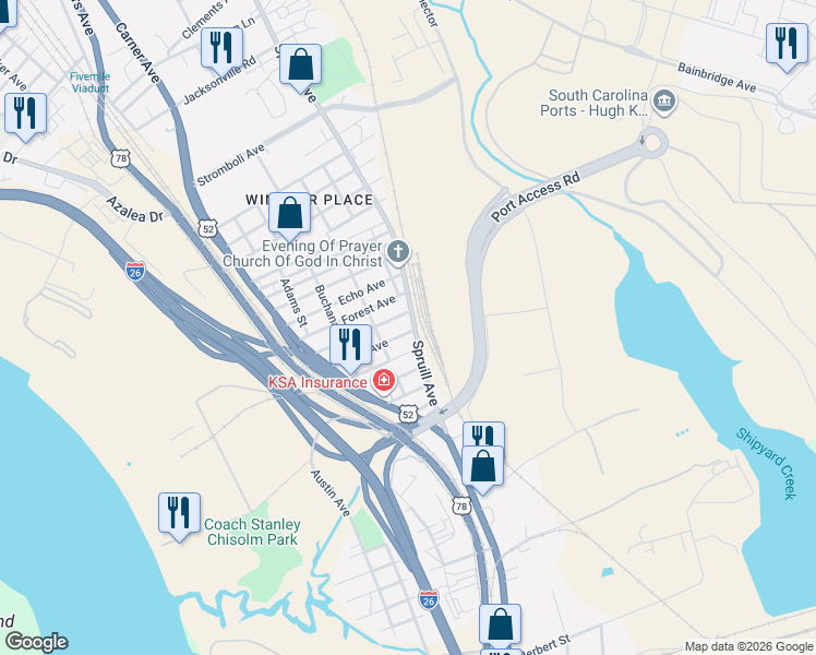 map of restaurants, bars, coffee shops, grocery stores, and more near 2309 Spruill Avenue in North Charleston