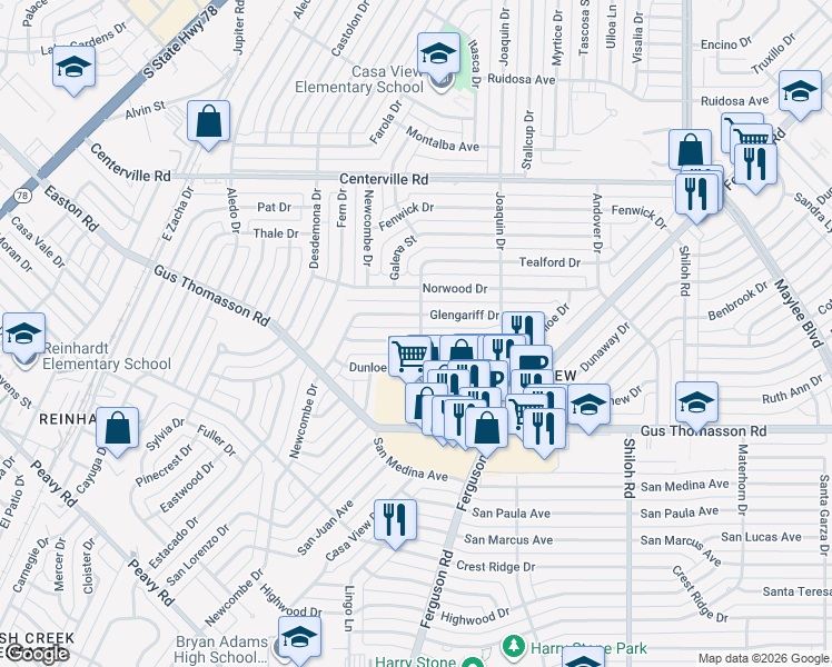 map of restaurants, bars, coffee shops, grocery stores, and more near 2233 Ballycastle Drive in Dallas