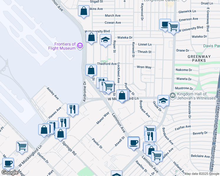 map of restaurants, bars, coffee shops, grocery stores, and more near 6540 Victoria Avenue in Dallas