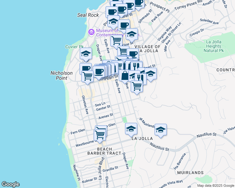 map of restaurants, bars, coffee shops, grocery stores, and more near 7356 Eads Ave in San Diego