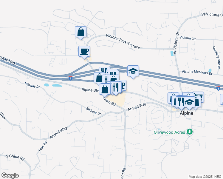 map of restaurants, bars, coffee shops, grocery stores, and more near 1730 Alpine Boulevard in Alpine