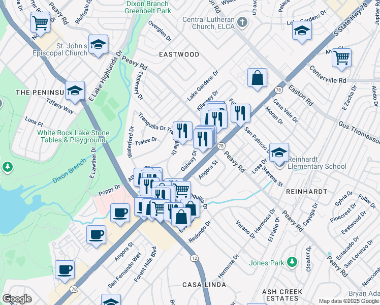 map of restaurants, bars, coffee shops, grocery stores, and more near 9919 Galway Drive in Dallas