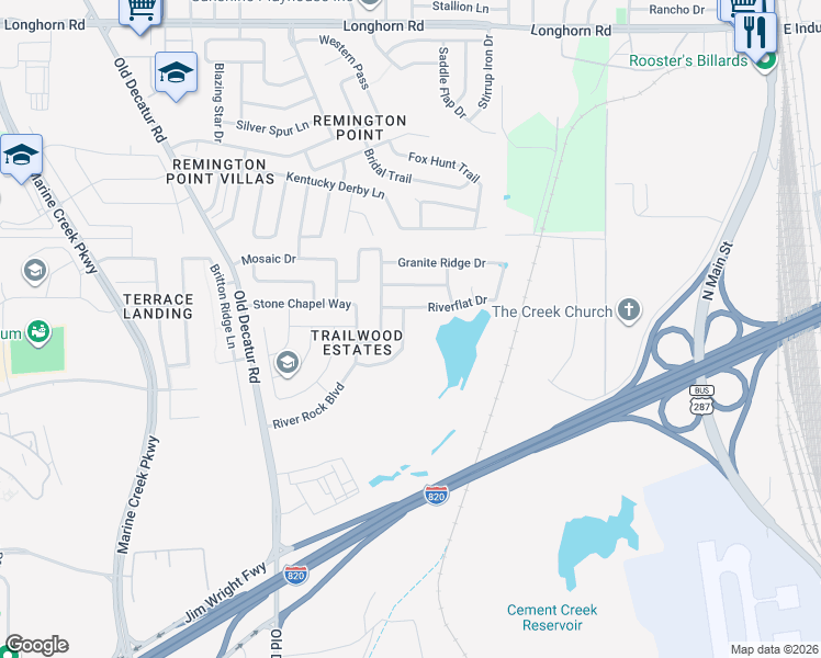 map of restaurants, bars, coffee shops, grocery stores, and more near 5208 Rugged Avenue in Fort Worth