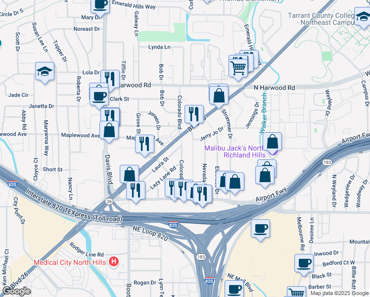 map of restaurants, bars, coffee shops, grocery stores, and more near 5016 Colorado Blvd in North Richland Hills