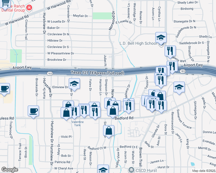 map of restaurants, bars, coffee shops, grocery stores, and more near 1412 Simpson Drive in Hurst