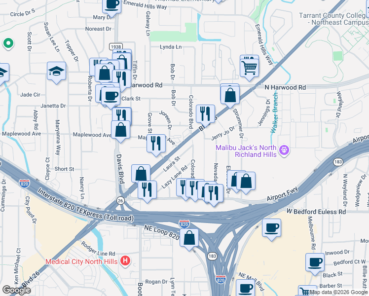 map of restaurants, bars, coffee shops, grocery stores, and more near 8017 Boulevard 26 in North Richland Hills