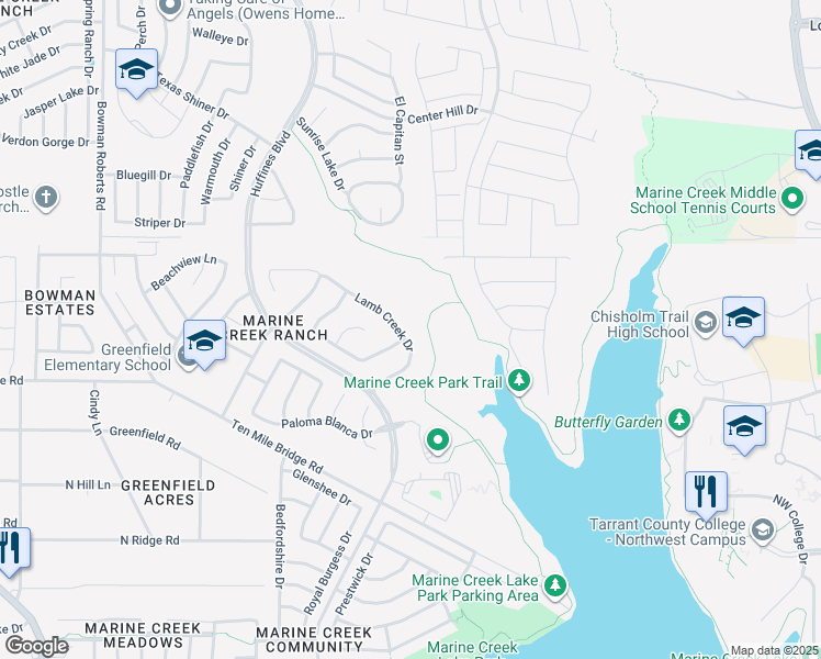 map of restaurants, bars, coffee shops, grocery stores, and more near 5900 Lamb Creek Drive in Fort Worth