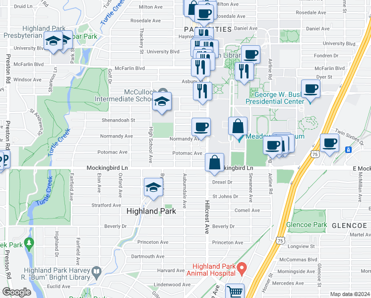 map of restaurants, bars, coffee shops, grocery stores, and more near 3438 Potomac Avenue in Dallas