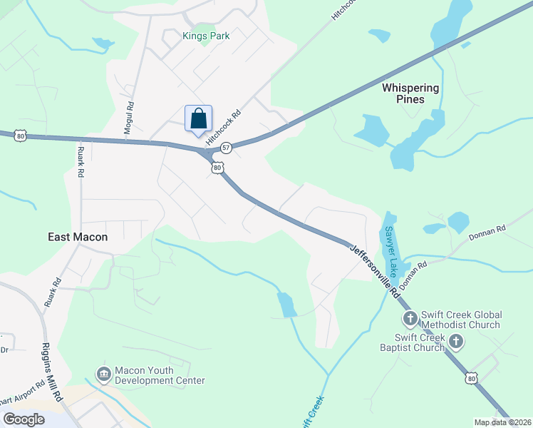 map of restaurants, bars, coffee shops, grocery stores, and more near 3855 Jeffersonville Road in Macon