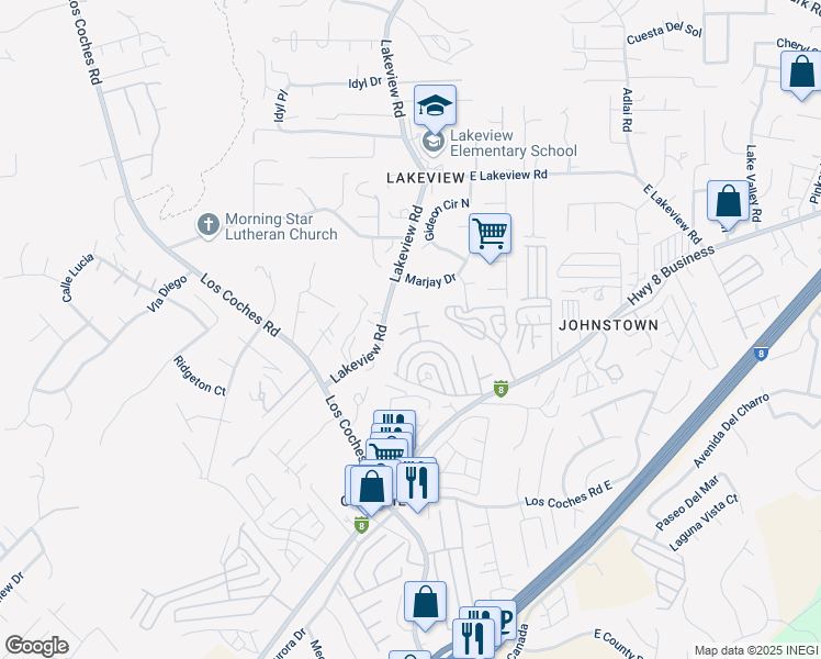 map of restaurants, bars, coffee shops, grocery stores, and more near Elm Court in Lakeside