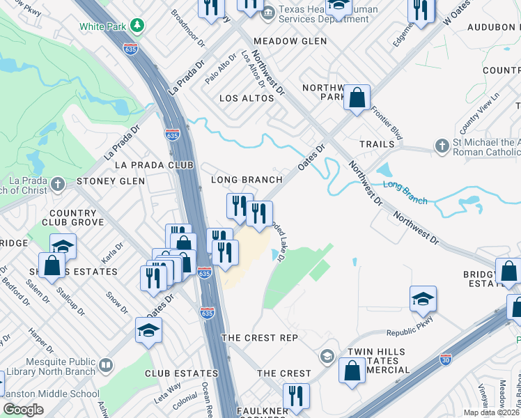 map of restaurants, bars, coffee shops, grocery stores, and more near 1300 Wooded Lake Drive in Mesquite