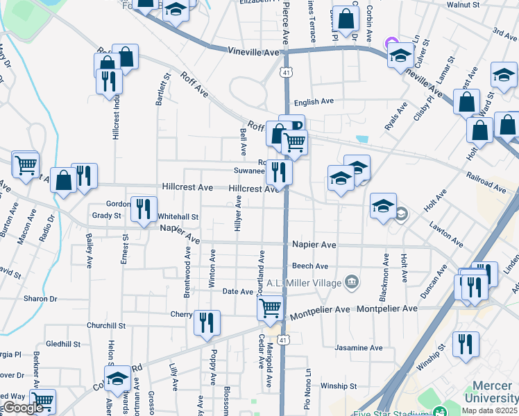 map of restaurants, bars, coffee shops, grocery stores, and more near 2655 Cherokee Avenue in Macon
