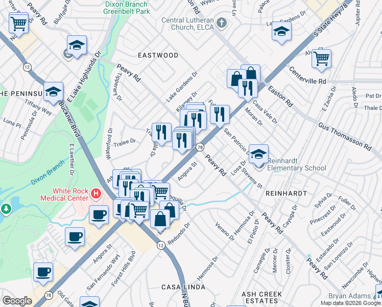 map of restaurants, bars, coffee shops, grocery stores, and more near Garland Road in Dallas