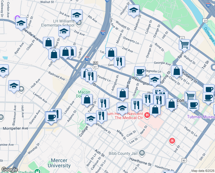 map of restaurants, bars, coffee shops, grocery stores, and more near 688 Monroe Street in Macon