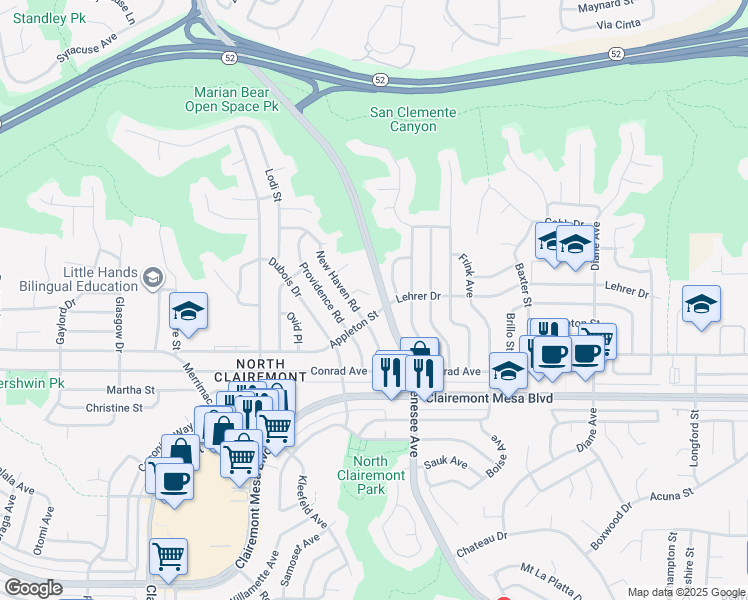 map of restaurants, bars, coffee shops, grocery stores, and more near 4497 New Haven Place in San Diego