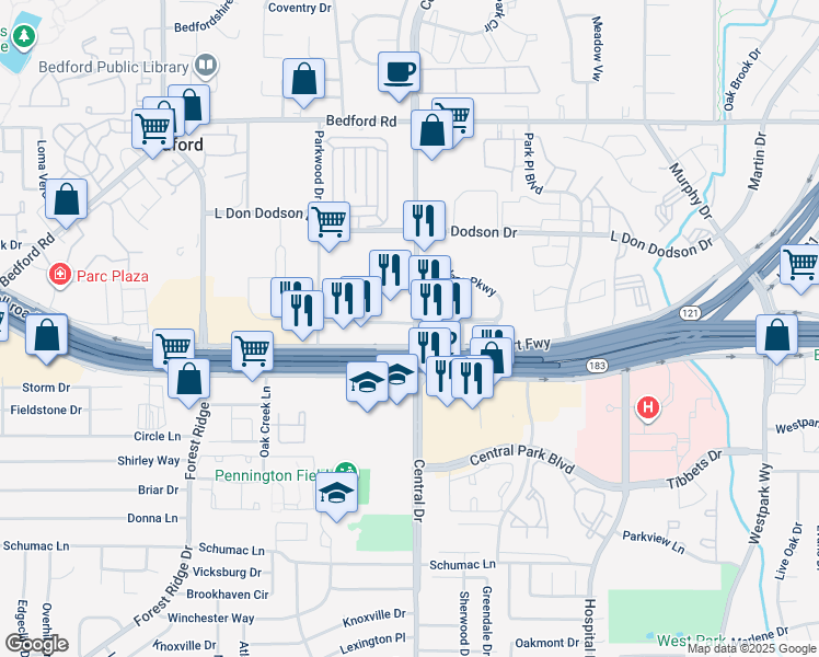 map of restaurants, bars, coffee shops, grocery stores, and more near 1851 Central Drive in Bedford