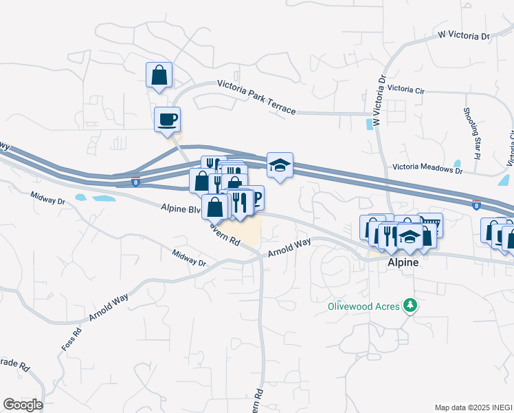 map of restaurants, bars, coffee shops, grocery stores, and more near 1830 Alpine Boulevard in Alpine