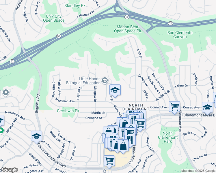 map of restaurants, bars, coffee shops, grocery stores, and more near 5063 Capehart Street in San Diego