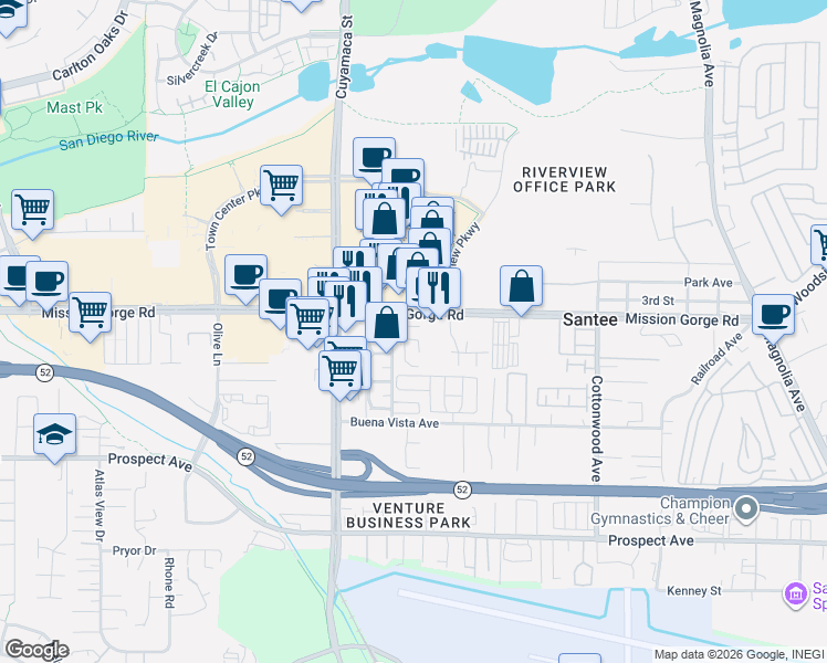 map of restaurants, bars, coffee shops, grocery stores, and more near 9932 Mission Vega Road in Santee
