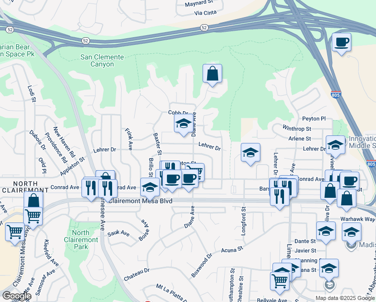 map of restaurants, bars, coffee shops, grocery stores, and more near 4788 Aberdeen Street in San Diego